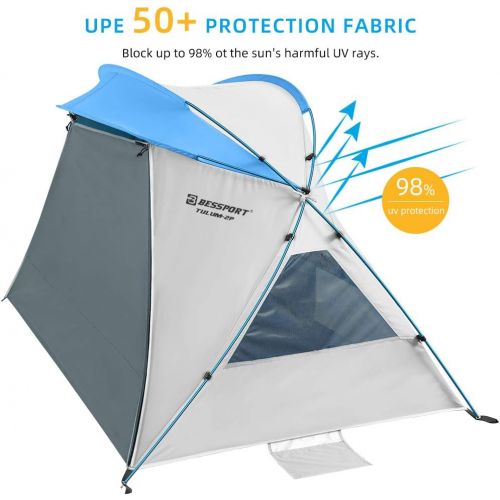  Bessport Beach Tent Sun Shelter Canopy UPF 50+ Silver Coating with Extended Zippered Porch Pop up Tent for Beach Sun Shade, Fishing, Hiking Camping Lightweight with Carrying Bag