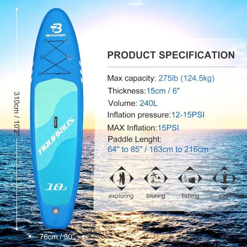  Bessport Inflatable Stand Up Paddle Board 10/11 Paddle Boards for Adults, Youth - All Skill Levels with ISUP/SUP Accessories, Non-Slip Deck Floatable Paddle Wide Stance for Paddlin