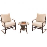 Best Hanover Summer Nights 3-Piece Fire Pit Chat Set in Tan with Two C-Spring Chairs and a 10,000 BTU Fire Pit Side Table