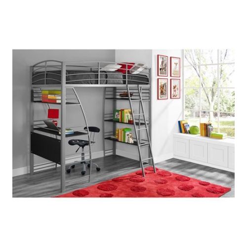  Best Care LLC Twin Loft Bed with Integrated Desk and Shelves, Silver Color, Multifunctional Bedding, Space-Saving Set, Made of Metal, Twin Size, Home Furniture, Childrens Bedding Set, BONUS e-bo