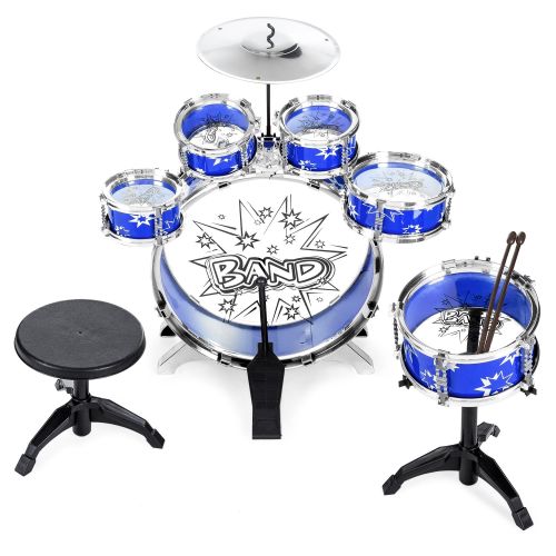  Best Choice Products 11-Piece Kids Starter Drum Set w Bass Drum, Tom Drums, Snare, Cymbal, Stool, Drumsticks - Black