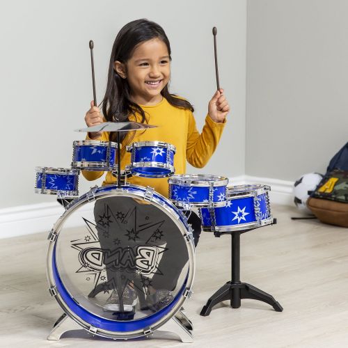  Best Choice Products 11-Piece Kids Starter Drum Set w Bass Drum, Tom Drums, Snare, Cymbal, Stool, Drumsticks - Black