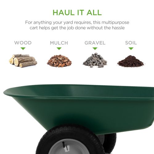  Best Choice Products Dual-Wheel Home Utility Yard Wheelbarrow Garden Cart w Built-in Stand for Lawn, Gardening, Grass, Soil, Bricks, Construction - Green
