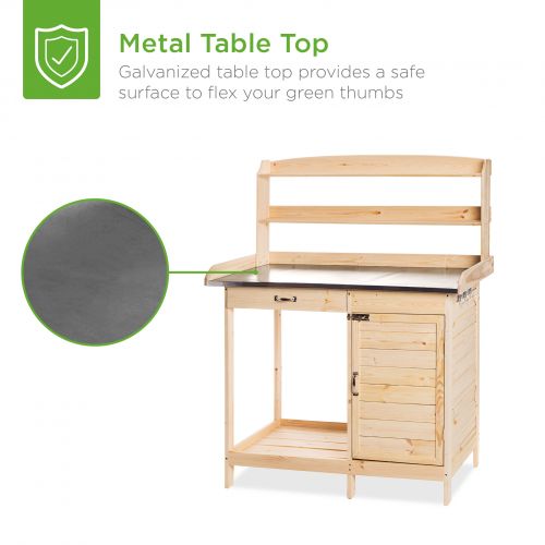  Best Choice Products Wooden Potting Bench w Metal Tabletop and Cabinet
