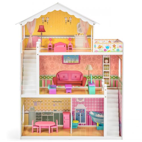  Best Choice Products Large Childrens Wooden Dollhouse Fits Barbie Doll House Pink w 17 Pieces of Furniture
