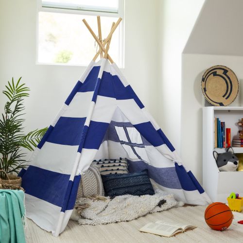  Best Choice Products 6ft Kids Stripe Cotton Canvas Indian Teepee Playhouse Sleeping Dome Play Tent w Carrying Bag, Mesh Window - WhiteBlue
