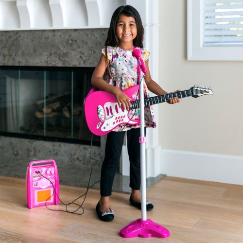  Best Choice Products Kids Electric Guitar Star Toy Play Set w 6 Demo Tunes, Microphone, Wireless Amp, AUX - White