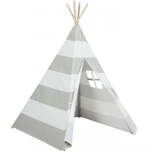  Best Choice Products 6ft Kids Stripe Cotton Canvas Indian Teepee Playhouse Sleeping Dome Play Tent w Carrying Bag, Mesh Window - WhiteGray