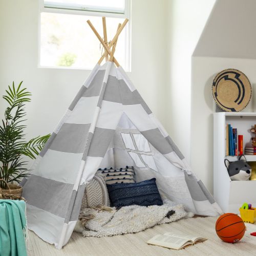  Best Choice Products 6ft Kids Stripe Cotton Canvas Indian Teepee Playhouse Sleeping Dome Play Tent w Carrying Bag, Mesh Window - WhiteGray