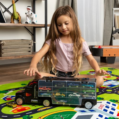  Best Choice Products Kids 2-Sided Transport Car Carrier Semi Truck Toy w 18 Cars and 28 Slots - Multicolor