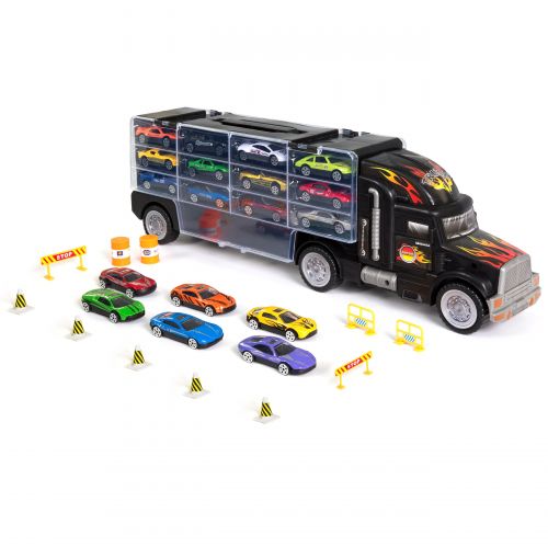  Best Choice Products Kids 2-Sided Transport Car Carrier Semi Truck Toy w 18 Cars and 28 Slots - Multicolor