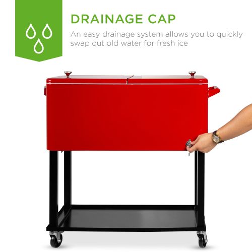  Best Choice Products 80-Quart Outdoor Steel Rolling Cooler Cart with Bottle Opener and Catch Tray, Drain Plug, and Locking Wheels, Red