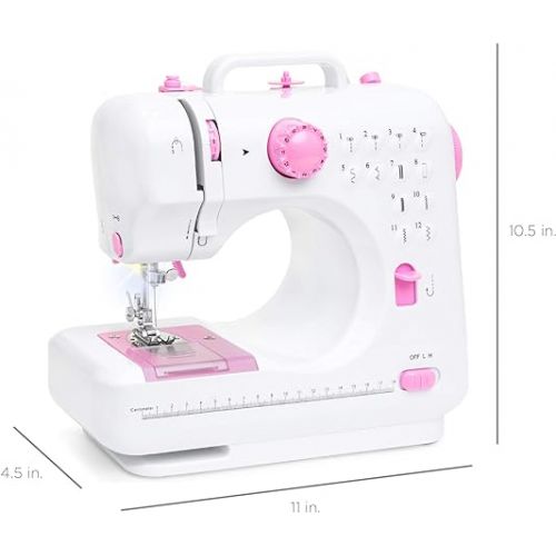  Best Choice Products Compact Sewing Machine, 42-Piece Beginners Kit, Multifunctional Portable 6V Beginner Sewing Machine w/ 12 Stitch Patterns, Light, Foot Pedal, Storage Drawer - Pink/White