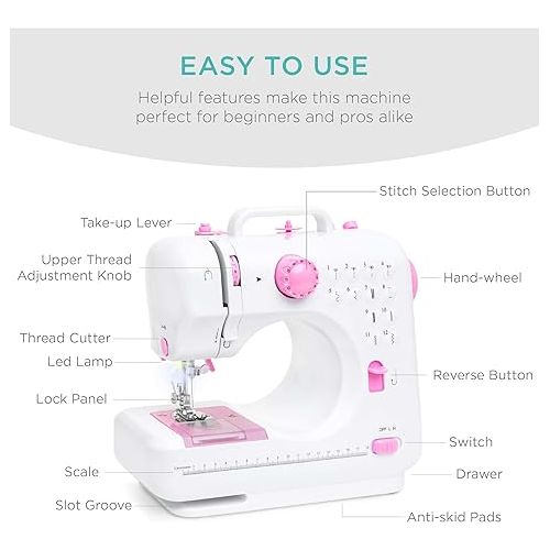  Best Choice Products Compact Sewing Machine, 42-Piece Beginners Kit, Multifunctional Portable 6V Beginner Sewing Machine w/ 12 Stitch Patterns, Light, Foot Pedal, Storage Drawer - Pink/White