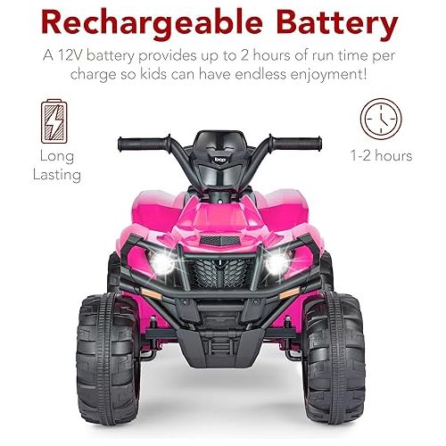 Best Choice Products 12V Kids Ride-On Electric ATV, 4-Wheeler Quad Car Toy w/Bluetooth Audio, 2.4mph Max Speed, Treaded Tires, LED Headlights, Radio - Hot Pink