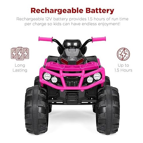  Best Choice Products 12V Kids Ride-On Electric ATV, 4-Wheeler Quad Car Toy w/Bluetooth Audio, 3.7mph Max Speed, Treaded Tires, LED Headlights, Radio - Hot Pink