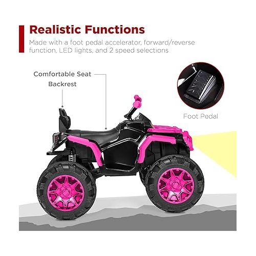  Best Choice Products 12V Kids Ride-On Electric ATV, 4-Wheeler Quad Car Toy w/Bluetooth Audio, 3.7mph Max Speed, Treaded Tires, LED Headlights, Radio - Hot Pink