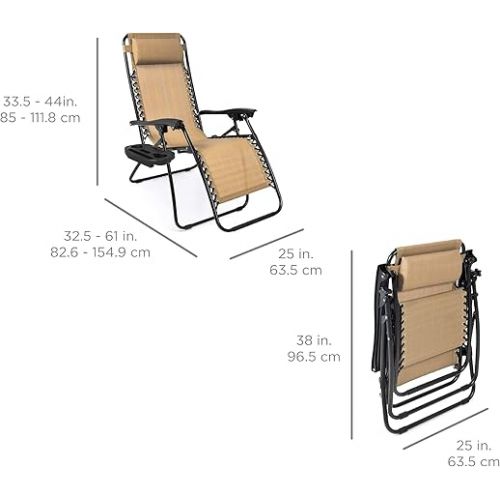  Best Choice Products Set of 2 Adjustable Steel Mesh Zero Gravity Lounge Chair Recliners w/Pillows and Cup Holder Trays, Beige