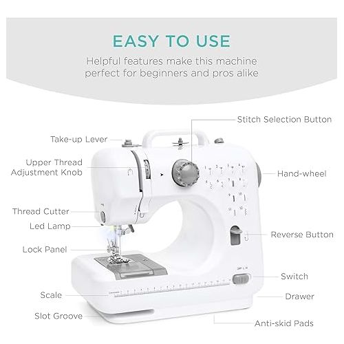  Best Choice Products Compact Sewing Machine, 42-Piece Beginners Kit, Multifunctional Portable 6V for Beginner w/ 12 Stitch Patterns, Light, Foot Pedal, Storage Drawer - Gray/White