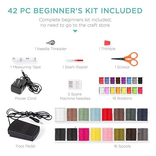  Best Choice Products Compact Sewing Machine, 42-Piece Beginners Kit, Multifunctional Portable 6V for Beginner w/ 12 Stitch Patterns, Light, Foot Pedal, Storage Drawer - Gray/White