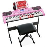 Best Choice Products 61-Key Beginners Complete Electronic Keyboard Piano Set w/Lighted Keys, LCD Screen, Headphones, Stand, Bench, Teaching Modes, Note Stickers, Built-In Speakers - Pink