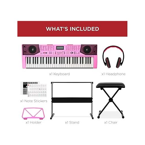  Best Choice Products 61-Key Beginners Complete Electronic Keyboard Piano Set w/Lighted Keys, LCD Screen, Headphones, Stand, Bench, Teaching Modes, Note Stickers, Built-In Speakers - Pink