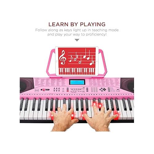  Best Choice Products 61-Key Beginners Complete Electronic Keyboard Piano Set w/Lighted Keys, LCD Screen, Headphones, Stand, Bench, Teaching Modes, Note Stickers, Built-In Speakers - Pink