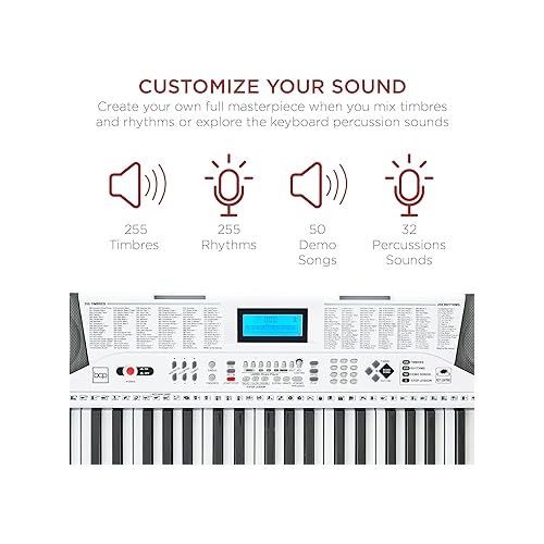  Best Choice Products 61-Key Beginners Complete Electronic Keyboard Piano Set w/Lighted Keys, LCD Screen, Headphones, Stand, Bench, Teaching Modes, Note Stickers, Built-In Speakers - White