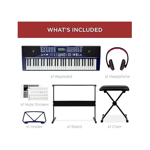  Best Choice Products 61-Key Beginners Complete Electronic Keyboard Piano Set w/Lighted Keys, LCD Screen, Headphones, Stand, Bench, Teaching Modes, Note Stickers, Built-In Speakers - Blue