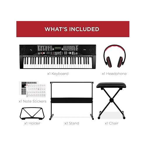  Best Choice Products 61-Key Beginners Complete Electronic Keyboard Piano Set w/Lighted Keys, LCD Screen, Headphones, Stand, Bench, Teaching Modes, Note Stickers, Built-In Speakers - Black