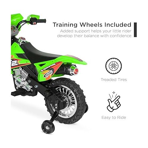  Best Choice Products Kids 6V Ride On Motorcycle w/Treaded Tires, Working Headlights, 2mph Top Speed, Training Wheels, Realistic Sounds, Music, Battery Charger - Green