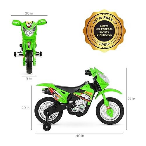  Best Choice Products Kids 6V Ride On Motorcycle w/Treaded Tires, Working Headlights, 2mph Top Speed, Training Wheels, Realistic Sounds, Music, Battery Charger - Green