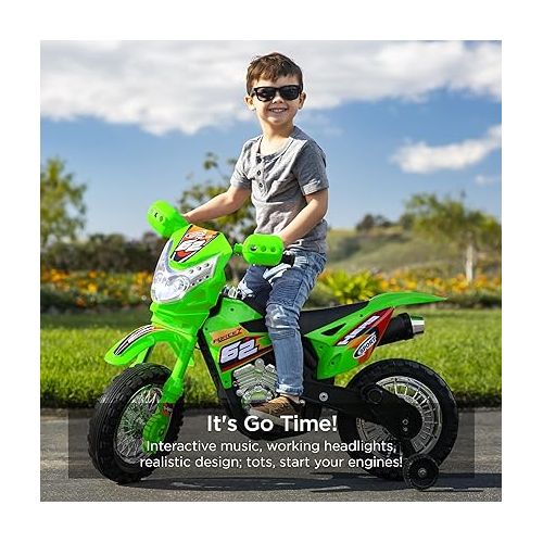  Best Choice Products Kids 6V Ride On Motorcycle w/Treaded Tires, Working Headlights, 2mph Top Speed, Training Wheels, Realistic Sounds, Music, Battery Charger - Green
