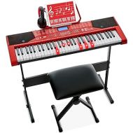 Best Choice Products 61-Key Beginners Complete Electronic Keyboard Piano Set w/Lighted Keys, LCD Screen, Headphones, Stand, Bench, Teaching Modes, Note Stickers, Built-In Speakers - Red