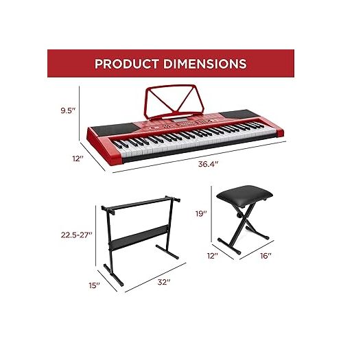  Best Choice Products 61-Key Beginners Complete Electronic Keyboard Piano Set w/Lighted Keys, LCD Screen, Headphones, Stand, Bench, Teaching Modes, Note Stickers, Built-In Speakers - Red