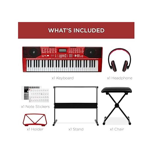  Best Choice Products 61-Key Beginners Complete Electronic Keyboard Piano Set w/Lighted Keys, LCD Screen, Headphones, Stand, Bench, Teaching Modes, Note Stickers, Built-In Speakers - Red