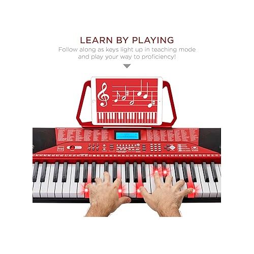  Best Choice Products 61-Key Beginners Complete Electronic Keyboard Piano Set w/Lighted Keys, LCD Screen, Headphones, Stand, Bench, Teaching Modes, Note Stickers, Built-In Speakers - Red