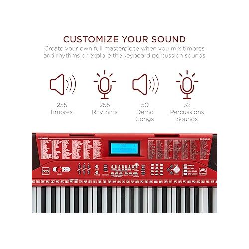  Best Choice Products 61-Key Beginners Complete Electronic Keyboard Piano Set w/Lighted Keys, LCD Screen, Headphones, Stand, Bench, Teaching Modes, Note Stickers, Built-In Speakers - Red
