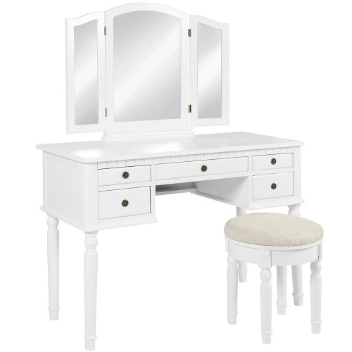  Best Choice Products Bedroom Makeup Cosmetic Beauty Vanity Hair Dressing Table Set w/Tri-Folding Mirror, Upholstered Stool Seat, 5 Drawer Storage Organizers - White