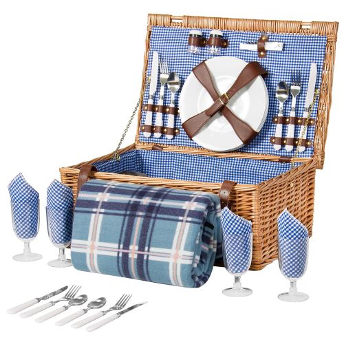  Best Choice Products 4 Person Wicker Picnic Basket Set W/ Cutlery, Plates, Glasses, Tableware & Blanket