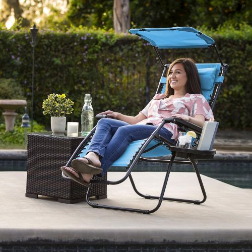  Best Choice Products Folding Zero Gravity Recliner Lounge Chair W/Canopy Shade & Magazine Cup Holder-Light Blue