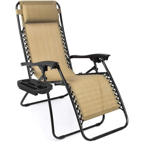  Best Choice Products Set of 2 Adjustable Zero Gravity Lounge Chair Recliners for Patio, Pool w/ Cup Holder Trays, Pillows - Beige