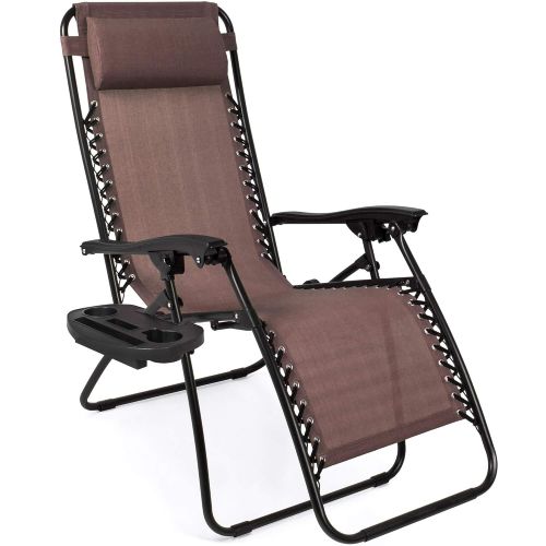  Best Choice Products Set of 2 Adjustable Zero Gravity Lounge Chair Recliners for Patio, Pool w/ Cup Holder Trays, Pillows - Beige