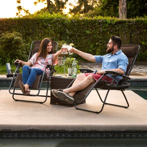  Best Choice Products Set of 2 Adjustable Zero Gravity Lounge Chair Recliners for Patio, Pool w/ Cup Holder Trays, Pillows - Beige