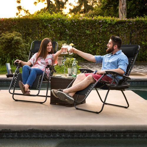  Best Choice Products Set of 2 Adjustable Zero Gravity Lounge Chair Recliners for Patio, Pool w/ Cup Holder Trays, Pillows - Beige