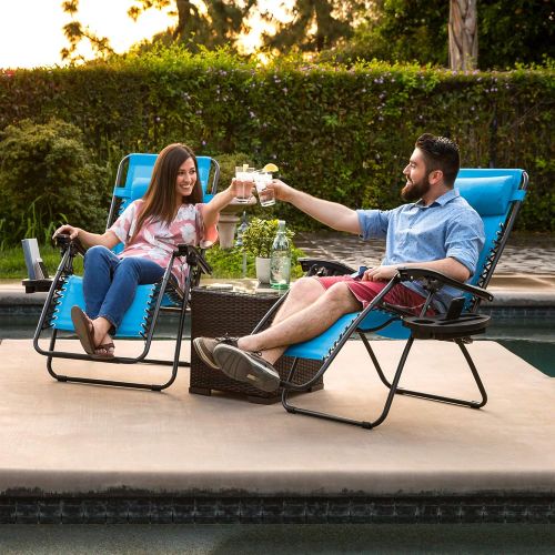  Best Choice Products Set of 2 Adjustable Zero Gravity Lounge Chair Recliners for Patio, Pool w/ Cup Holder Trays, Pillows - Beige