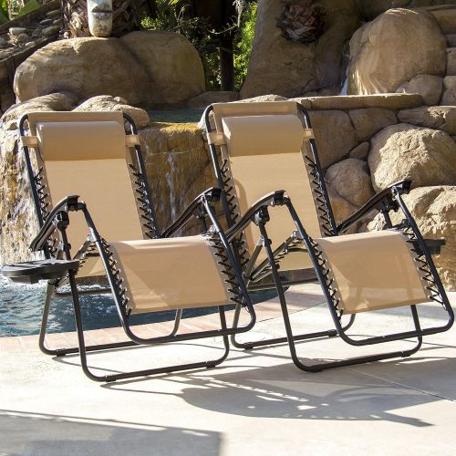  Best Choice Products Set of 2 Adjustable Zero Gravity Lounge Chair Recliners for Patio, Pool w/ Cup Holder Trays, Pillows - Beige