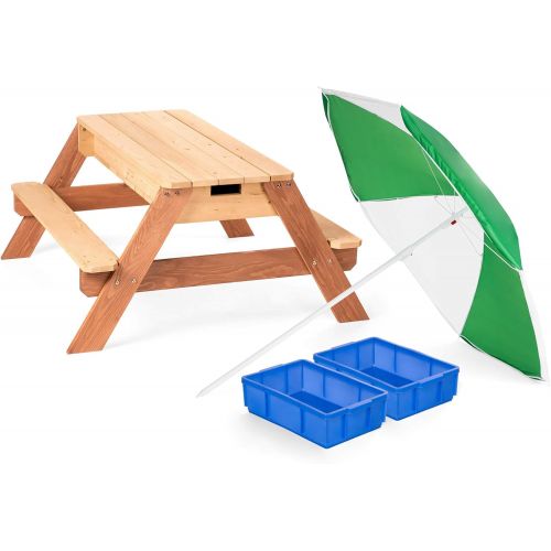  [아마존베스트]Best Choice Products Kids 3-in-1 Outdoor Wood Activity/Picnic Table with Umbrella and 2 Play Boxes