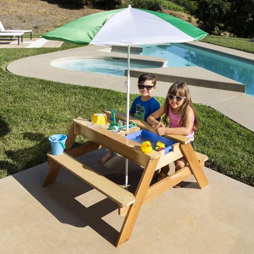  [아마존베스트]Best Choice Products Kids 3-in-1 Outdoor Wood Activity/Picnic Table with Umbrella and 2 Play Boxes