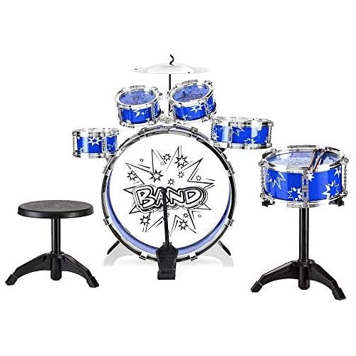  [아마존베스트]Best Choice Products 11-Piece Kids Starter Drum Set with Bass, Tom Drums, Snare, Cymbal, Stool, Blue